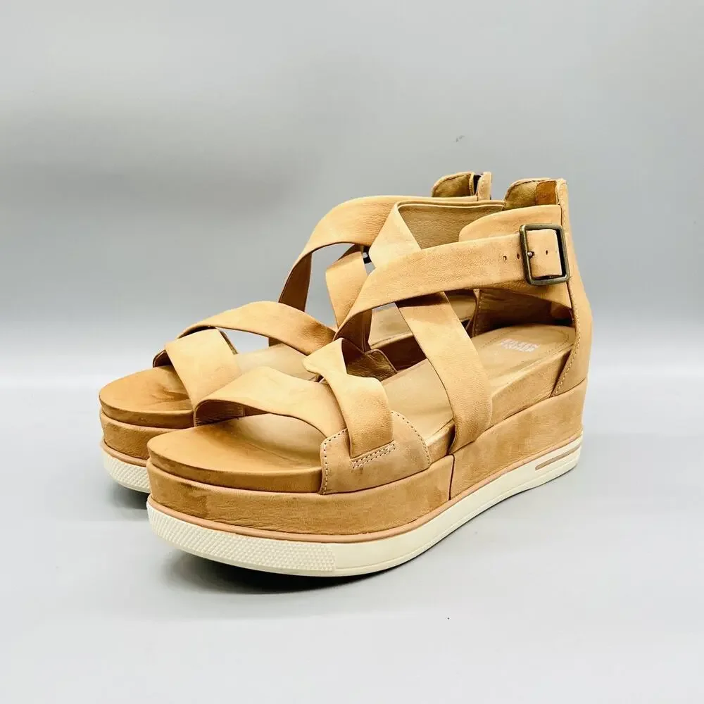 Eileen Fisher Sandals Womens 11 Beige Nubuck Boost Strappy Zip Platform Shoes